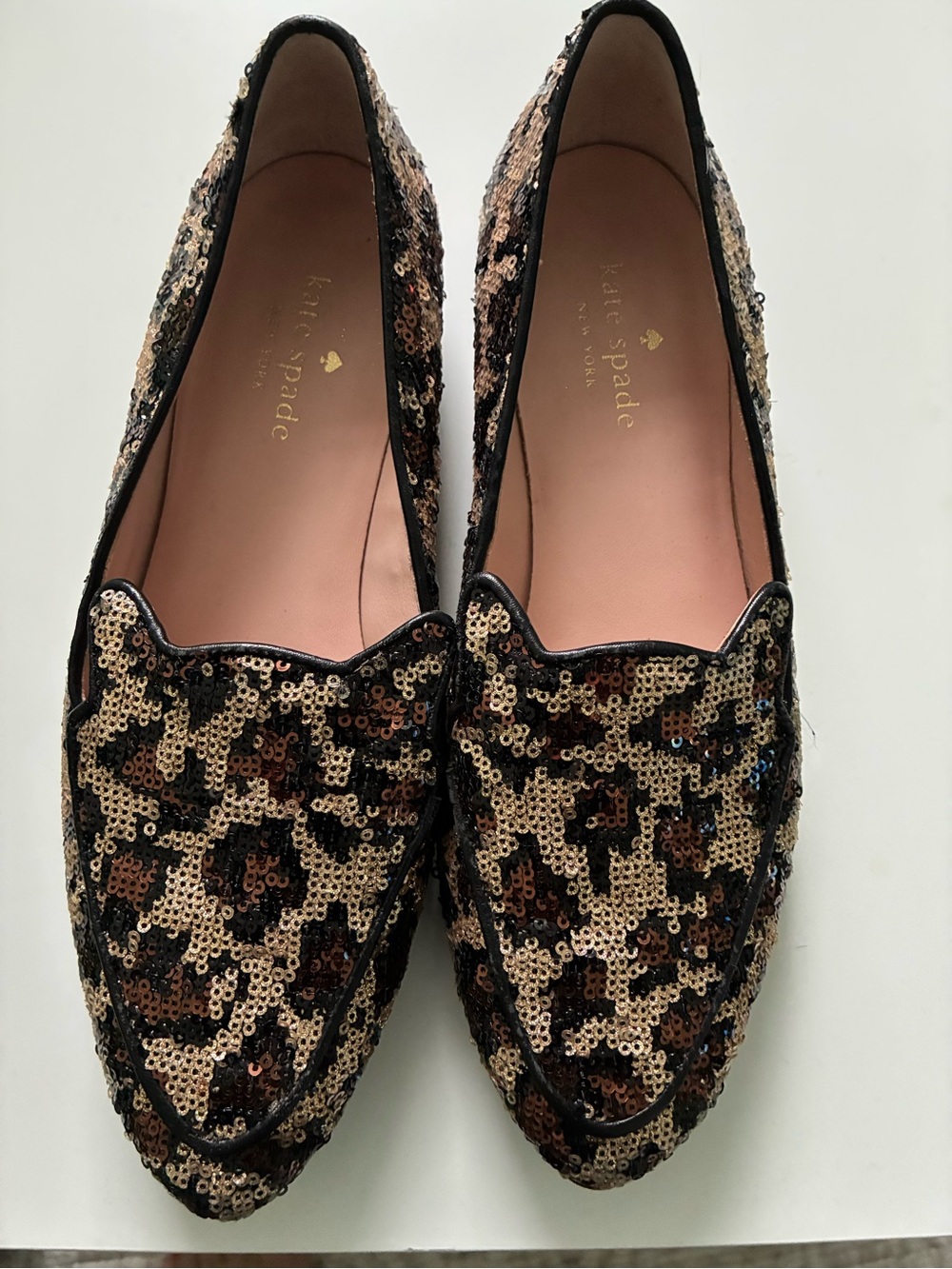 Kate Spade New York Caty Gold & Black Sequin Leopard Loafers Size 7